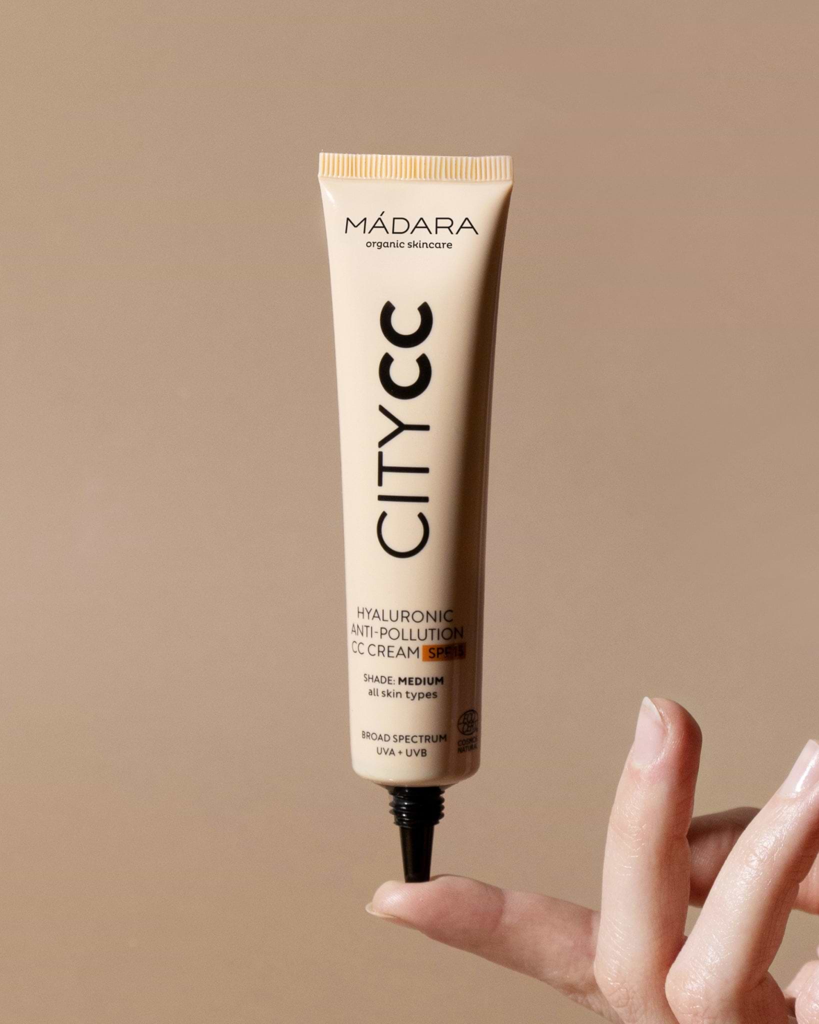 MÁDARA Organic Skincare organic cc cream tan A3413 face cream product photo on plain background.
