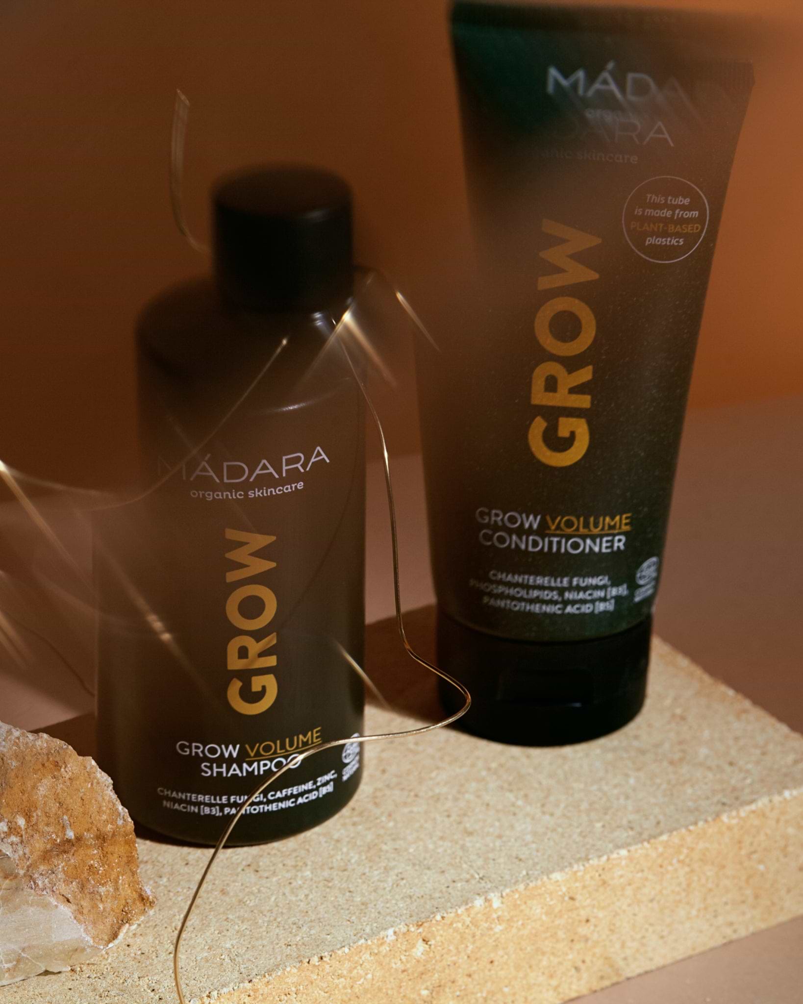 MADARA Cosmetics GROW Volume Shampoo and GROW Volume Conditioner for thicker, fuller-looking hair and scalp stimulation
