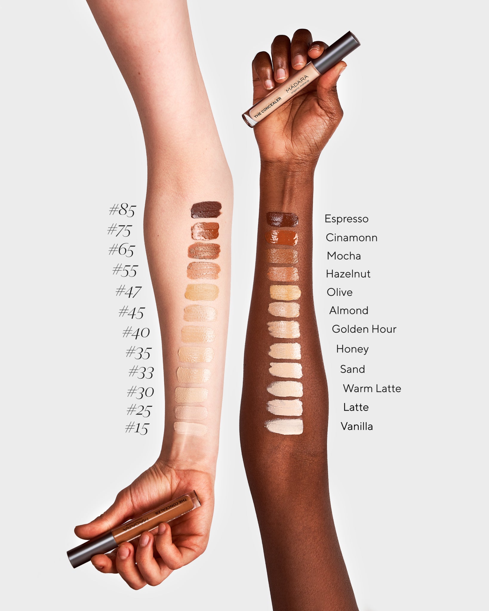 Texture close-up of MÁDARA Organic Skincare concealer swatches A6108 concealer �swatch demonstrates consistency and finish.