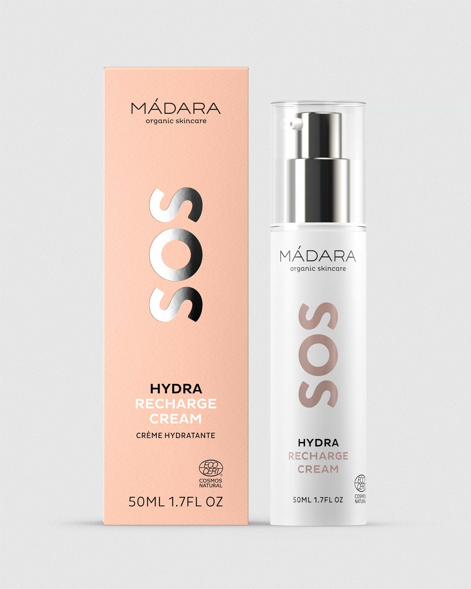 Mádara SOS Hydra Recharge Cream 50ml packaging on a light gray background