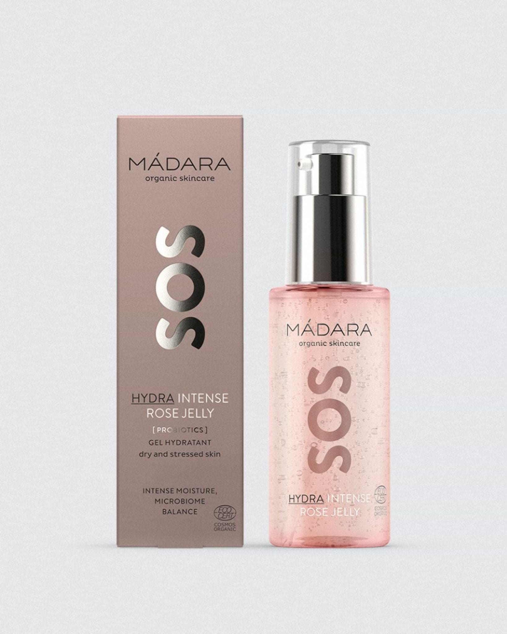 MÁDARA Organic Skincare hydra intense rose jelly 75ml A3022 gel moisturizer product photo on plain background.