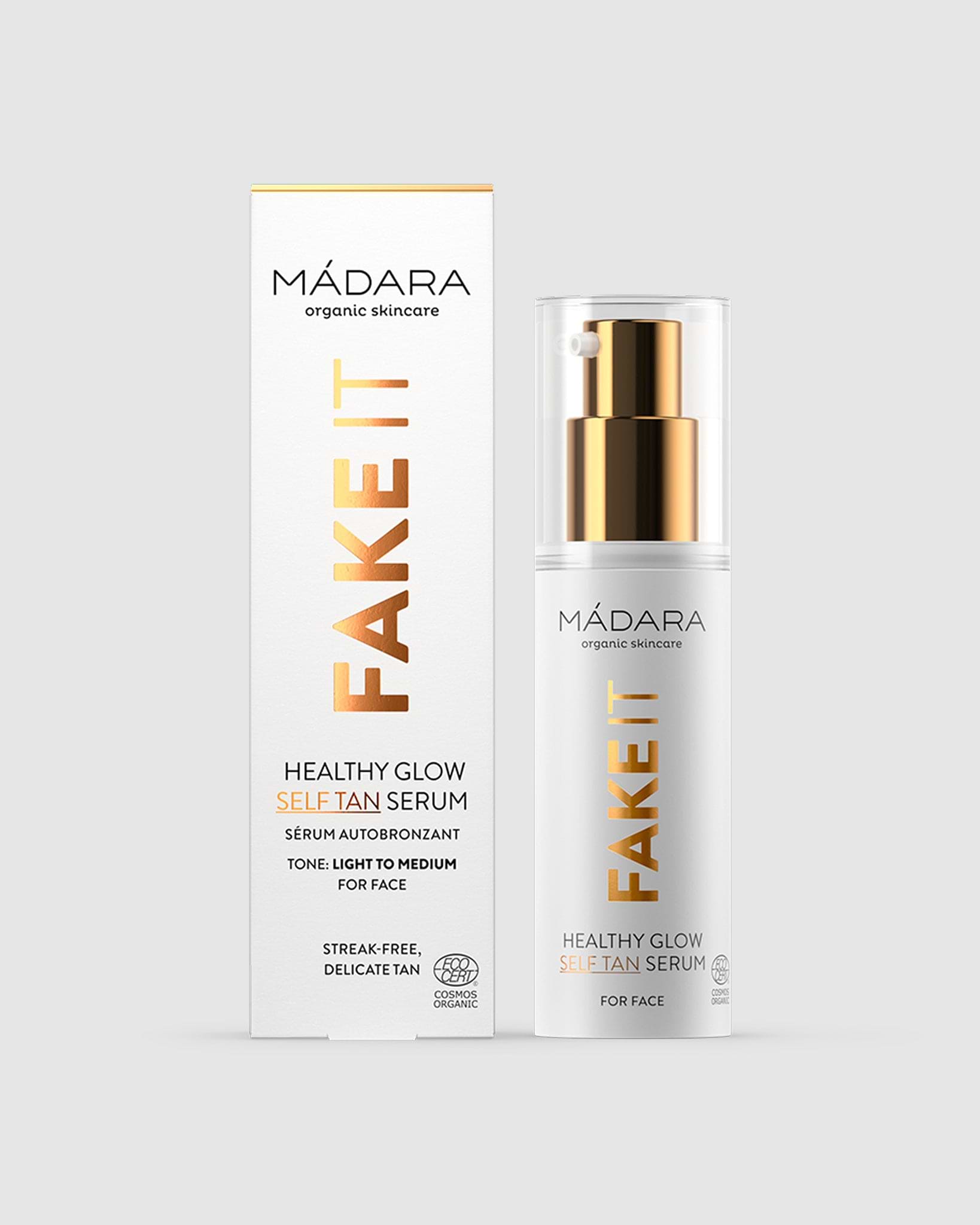 Model wearing MÁDARA Organic Skincare self tan for face 30ml A3421 on skin; close-up portrait shows natural application results.