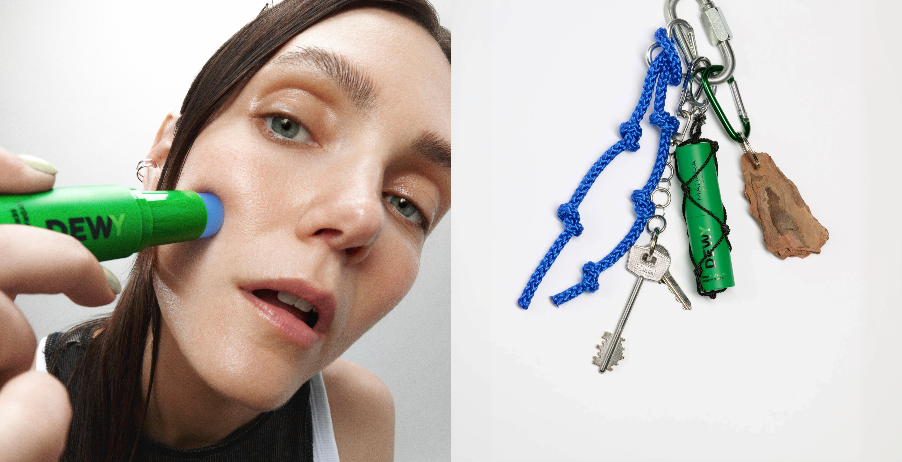 Model applying MÁDARA DEWY Hydra Caffeine Serum Stick to the cheek beside everyday carry accessories including keys and a clipped serum stick on a clean background