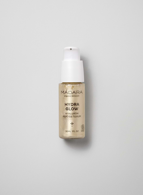 MÁDARA Hydra Glow Hyaluron Peptide Serum in 30ml pump bottle for radiant, hydrating, and firming organic skincare