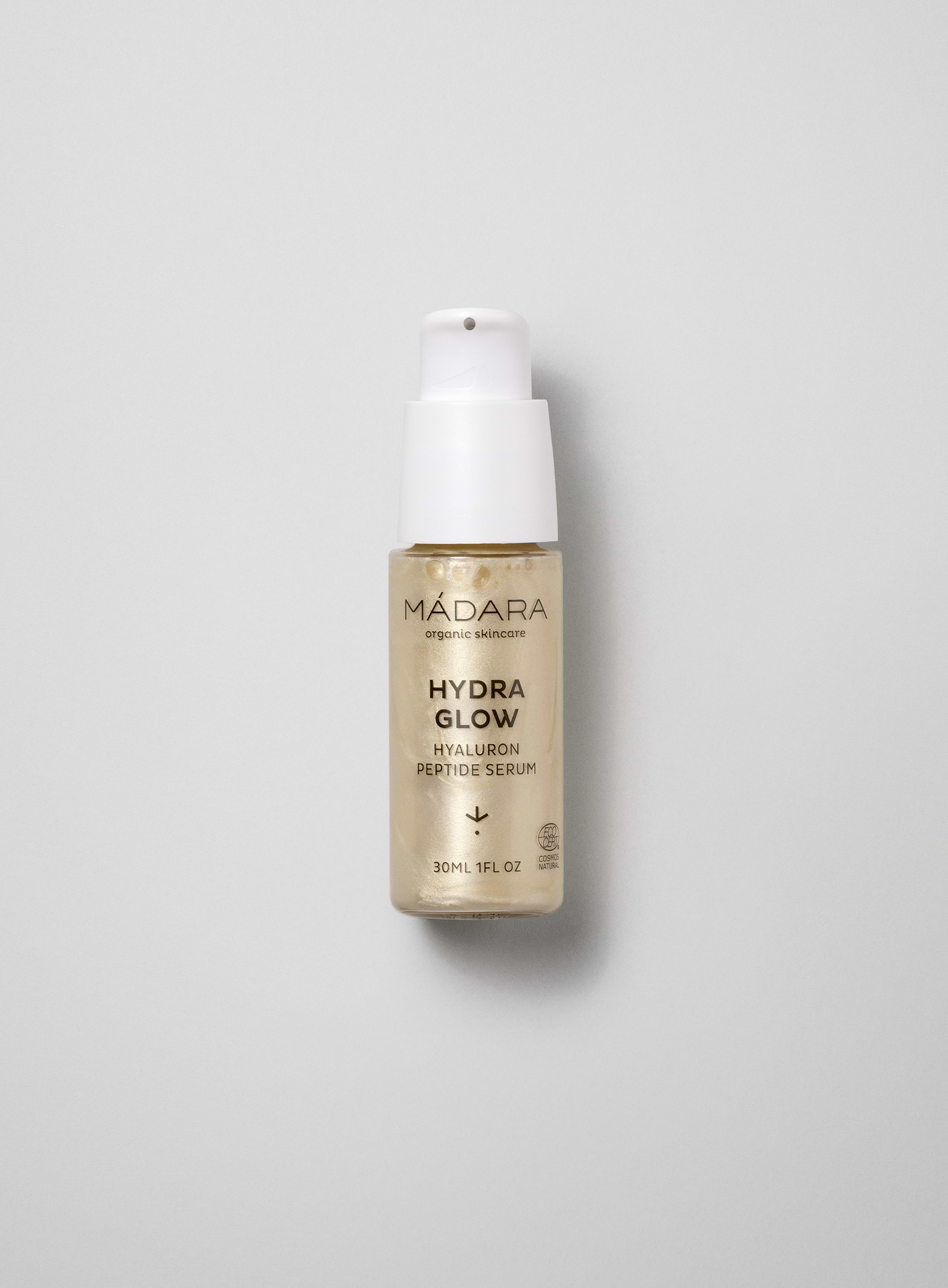 MÁDARA Hydra Glow Hyaluron Peptide Serum in 30ml pump bottle for radiant, hydrating, and firming organic skincare