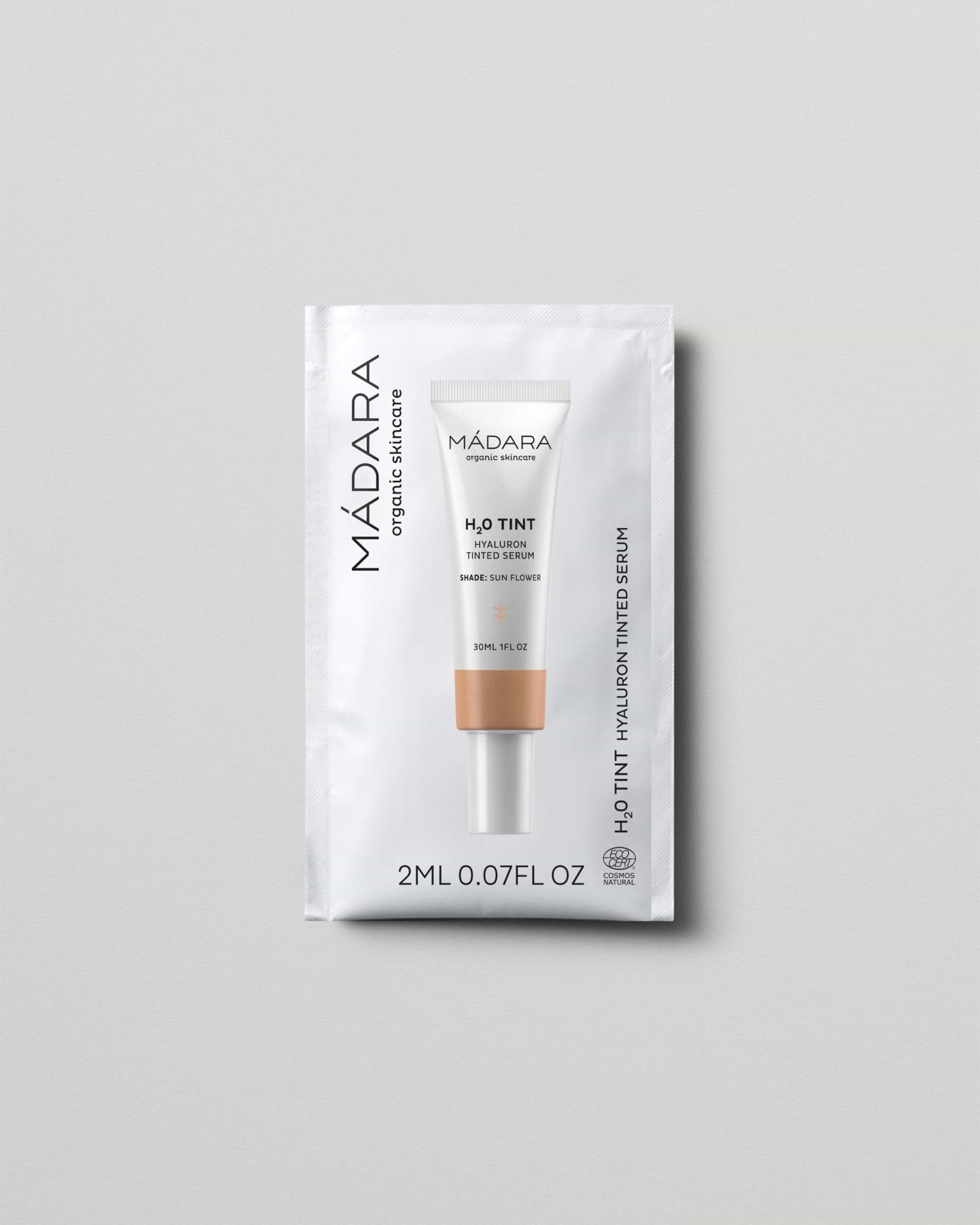 MÁDARA Organic Skincare hyaluron tinted serum sun flower 2ml SC3513 2 serum product photo on plain background.