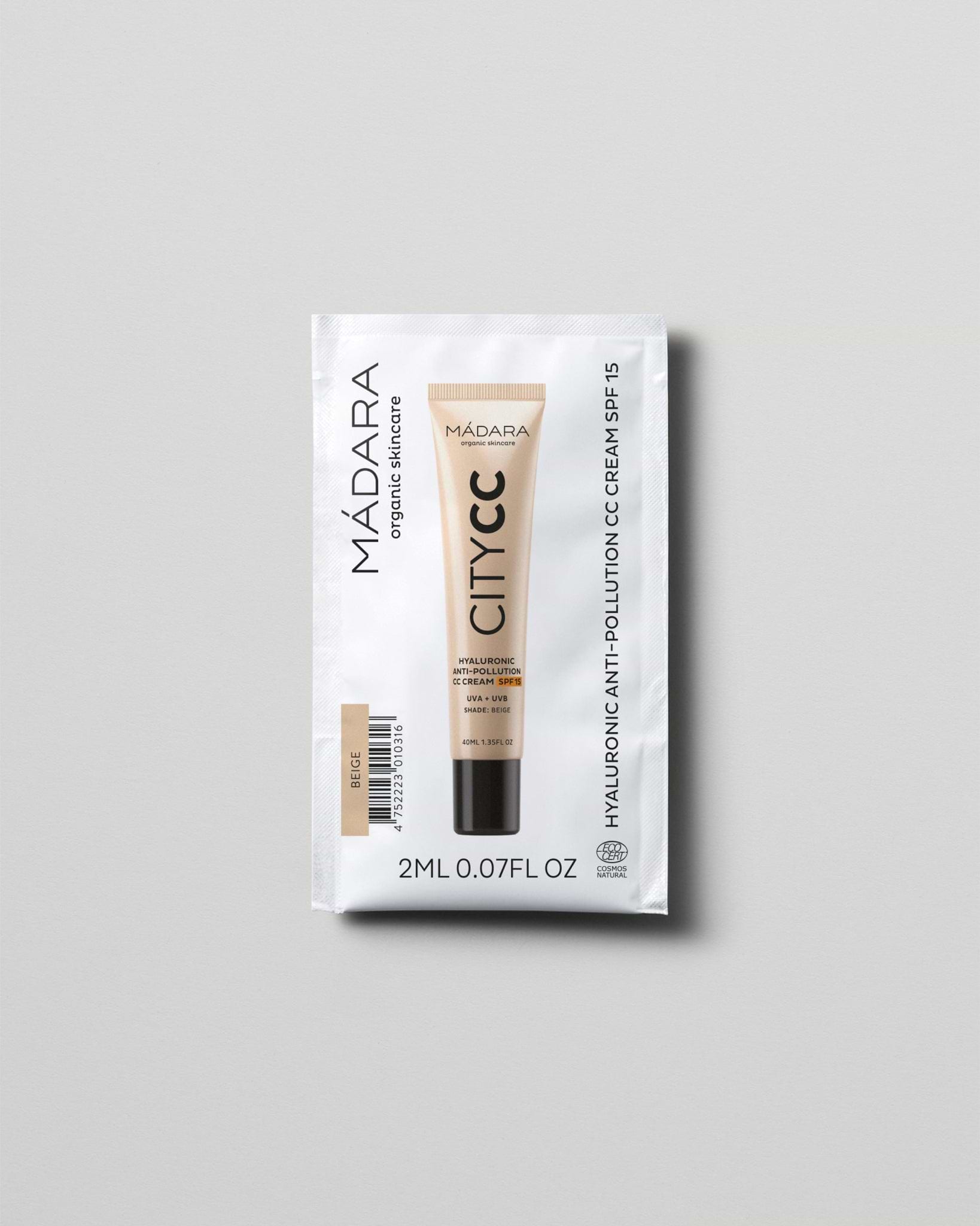 MÁDARA Organic Skincare hyaluronic anti pollution cc cream spf15 beige 2ml SC3414 2 face cream product photo on plain background.