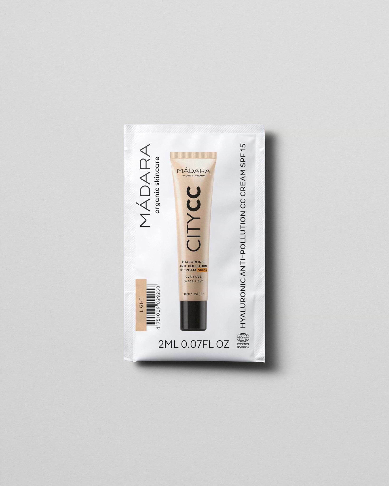 MÁDARA Organic Skincare hyaluronic anti pollution cc cream spf15 light 2ml SC3411 2 face cream product photo on plain background.