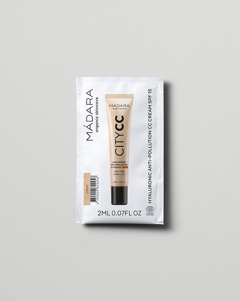 MÁDARA Organic Skincare hyaluronic anti pollution cc cream spf15 light 2ml SC3411 2 face cream product photo on plain background.