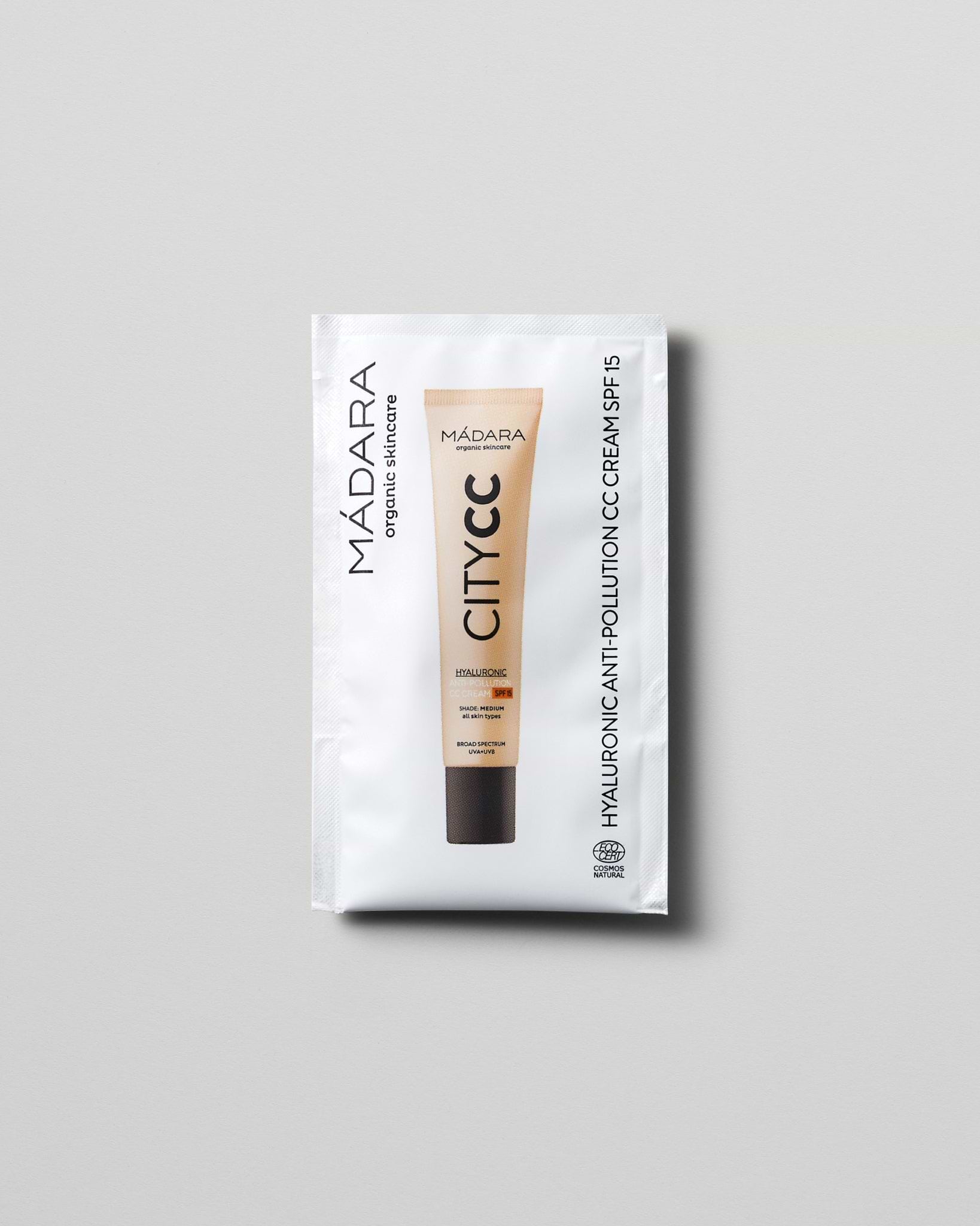 MÁDARA Organic Skincare hyaluronic anti pollution cc cream spf15 medium 2ml SC3412 2 face cream product photo on plain background.