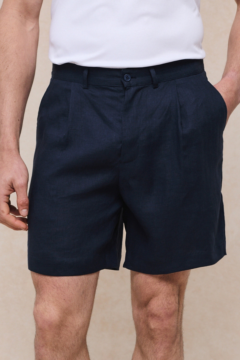 Javier linnen short met geplooide tailleband - marineblauw