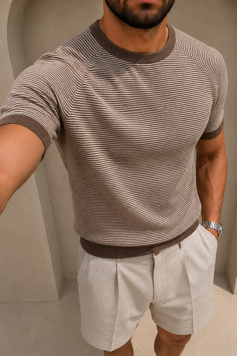 Rafael Linen Striped Crew Neck T-Shirt - Brown/Beige