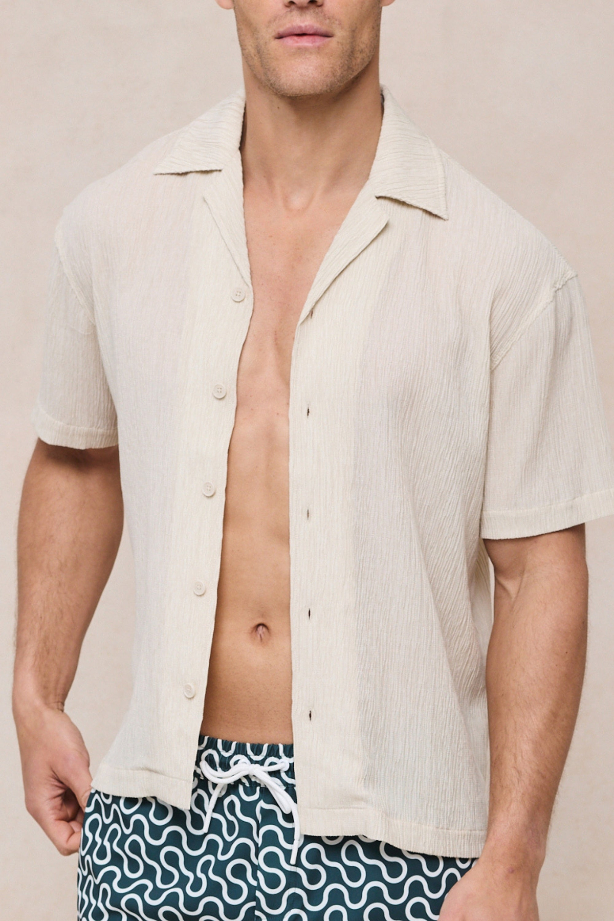 Gabriel gekreukeld Tencel overhemd met korte mouwen - beige