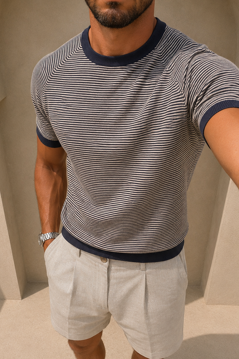 Rafael Linen Striped Crew Neck T-Shirt - Navy/Beige