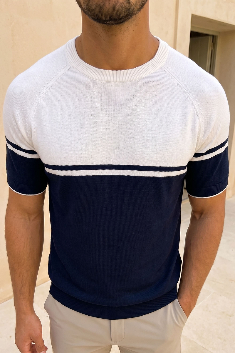 Riera Colour Block gebreid T-shirt met ronde hals - Marineblauw/Ecru 