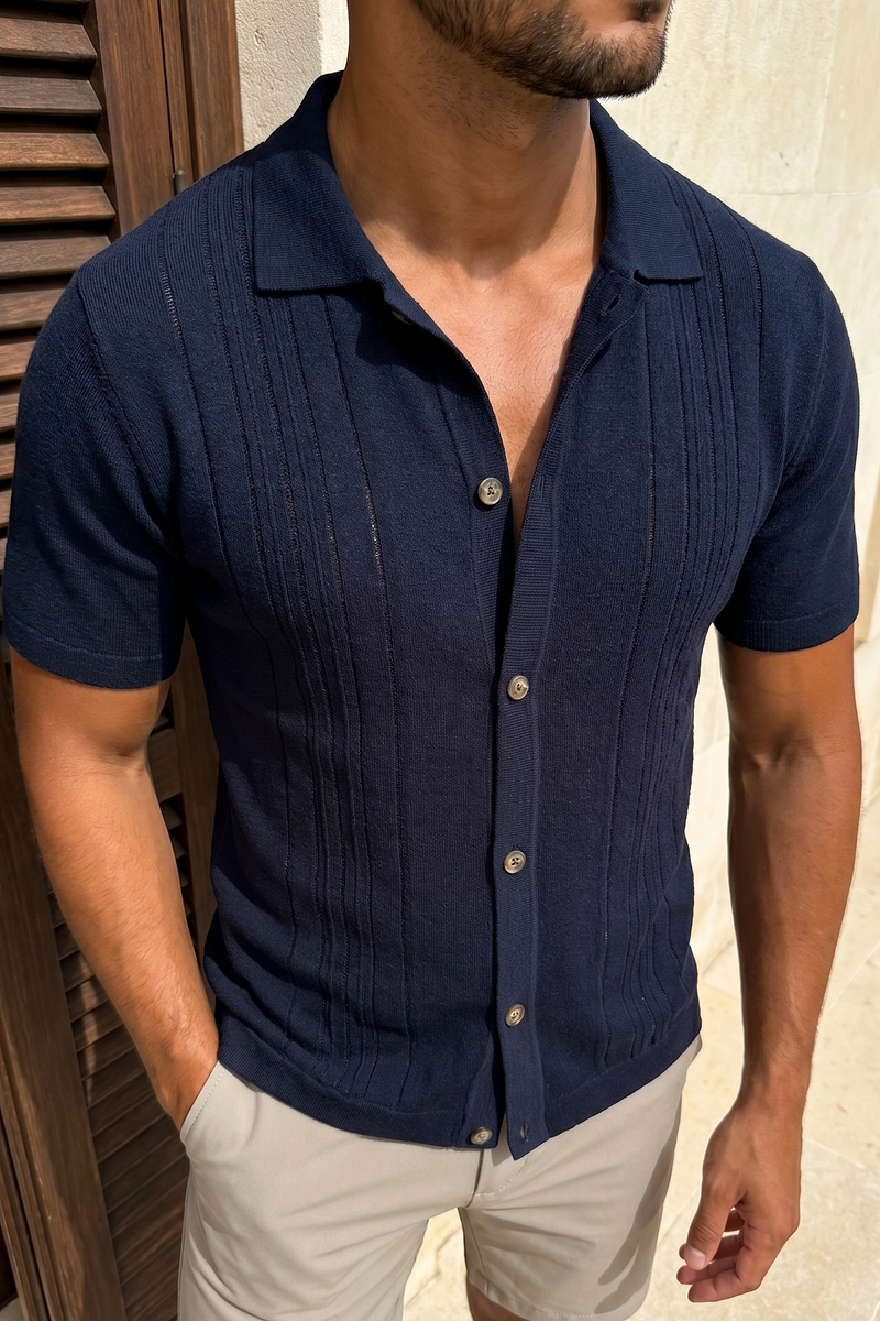 Juan Polo met knoopsluiting en strepen van bouclé-breisel - Marineblauw