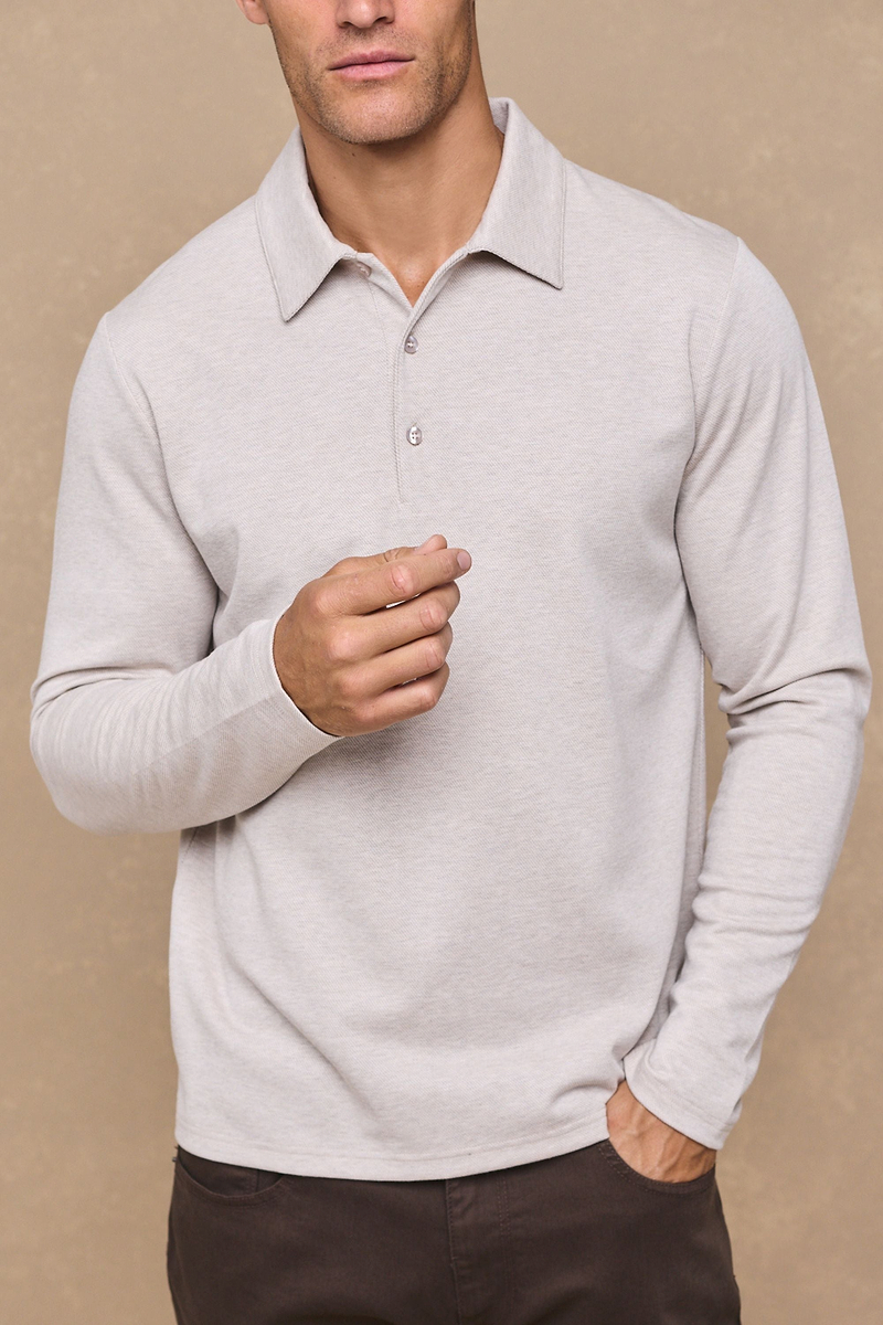 Santino Long Sleeve Half Button Polo - Oatmeal