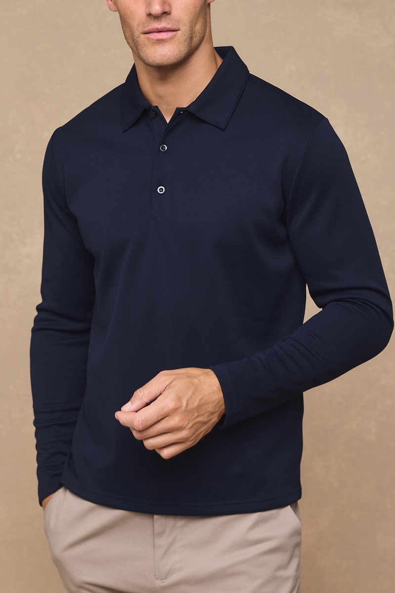 Santino Long Sleeve Half Button Polo - Dark Navy