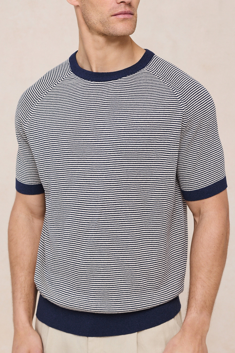 Rafael Linen Striped Crew Neck T-Shirt - Navy/Beige