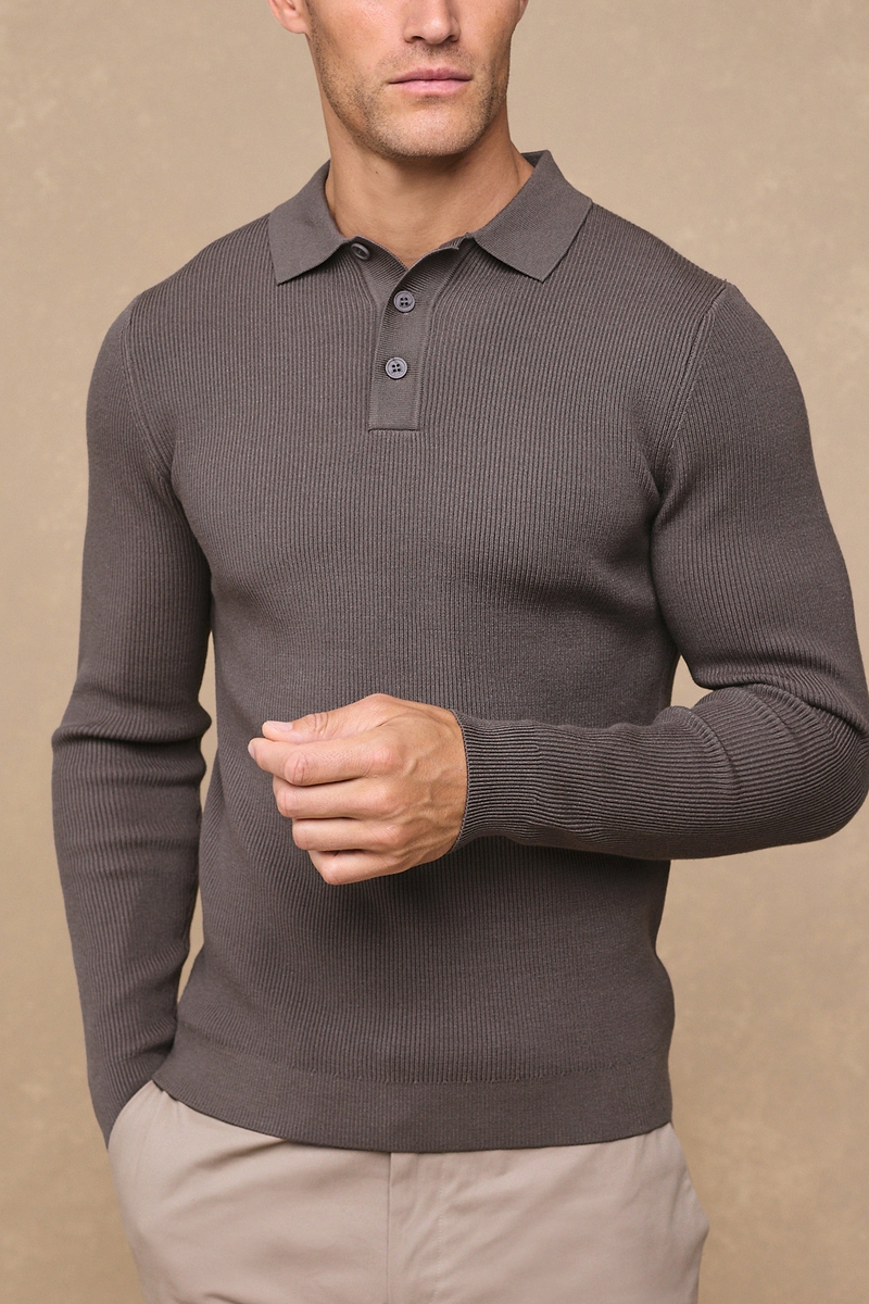 Angus Rib Knit Polo - Mushroom
