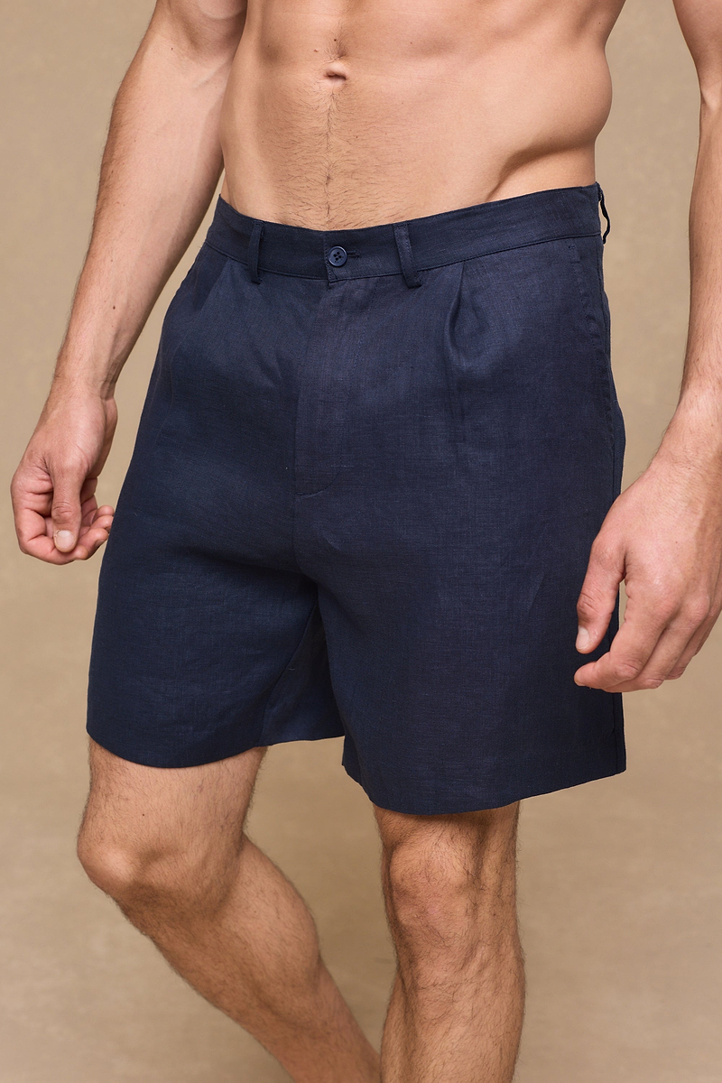 Javier Pleated Waistband Linen Short - Navy