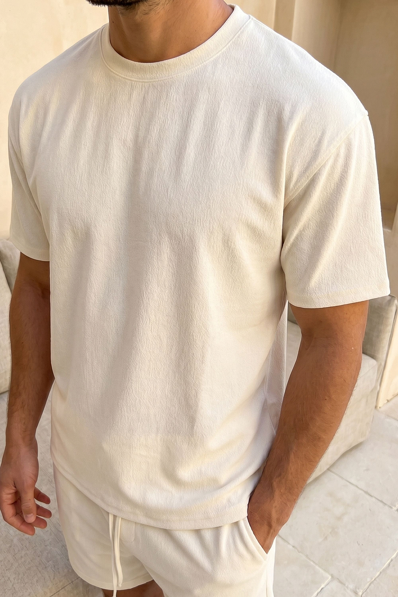 Tomas Crew Neck Textured T-Shirt - Ecru
