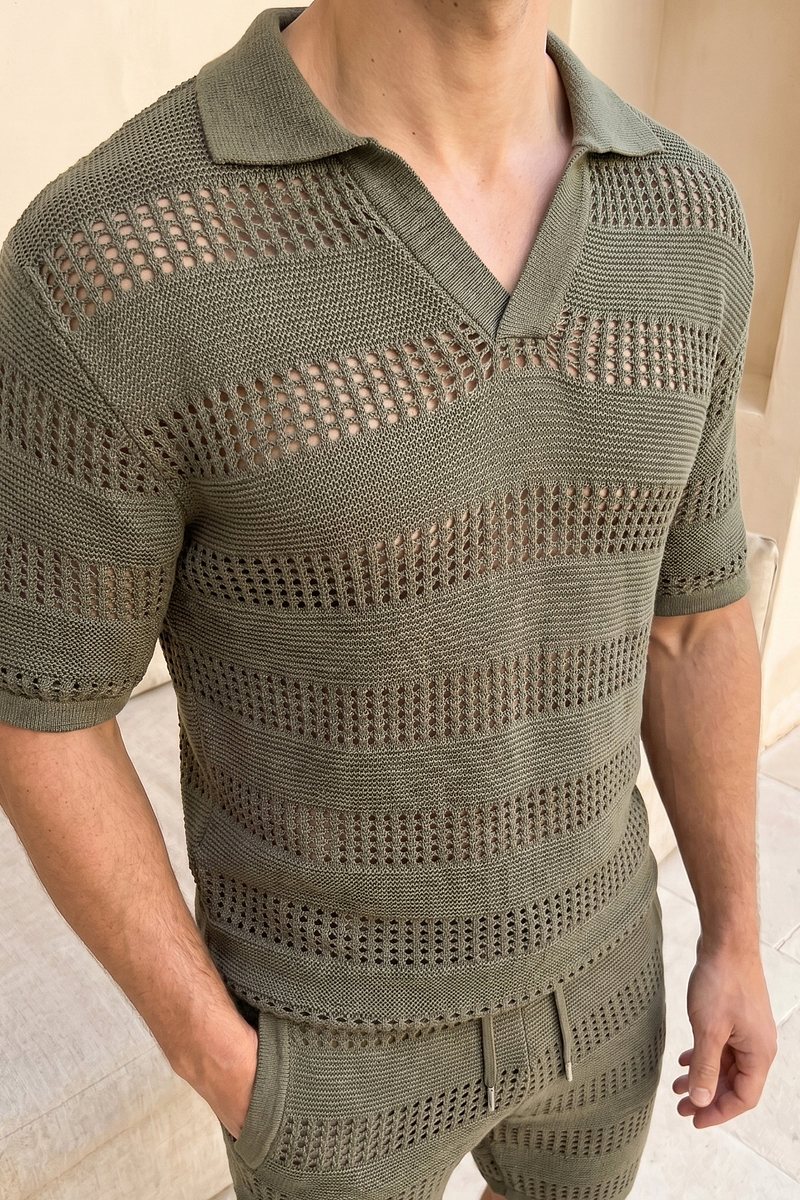 Frattina Crochet Cotton Knit Polo - Sage