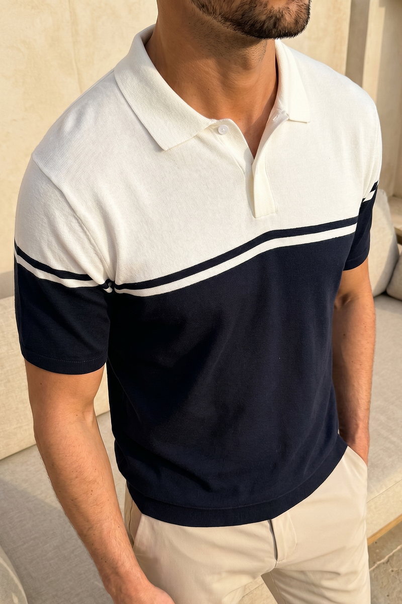 Vicolo Knitted Striped Block Polo SS - Ecru/Navy