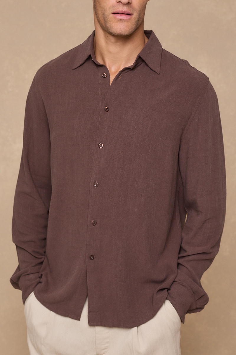 Cami Linen Classic Collar Shirt - Brown