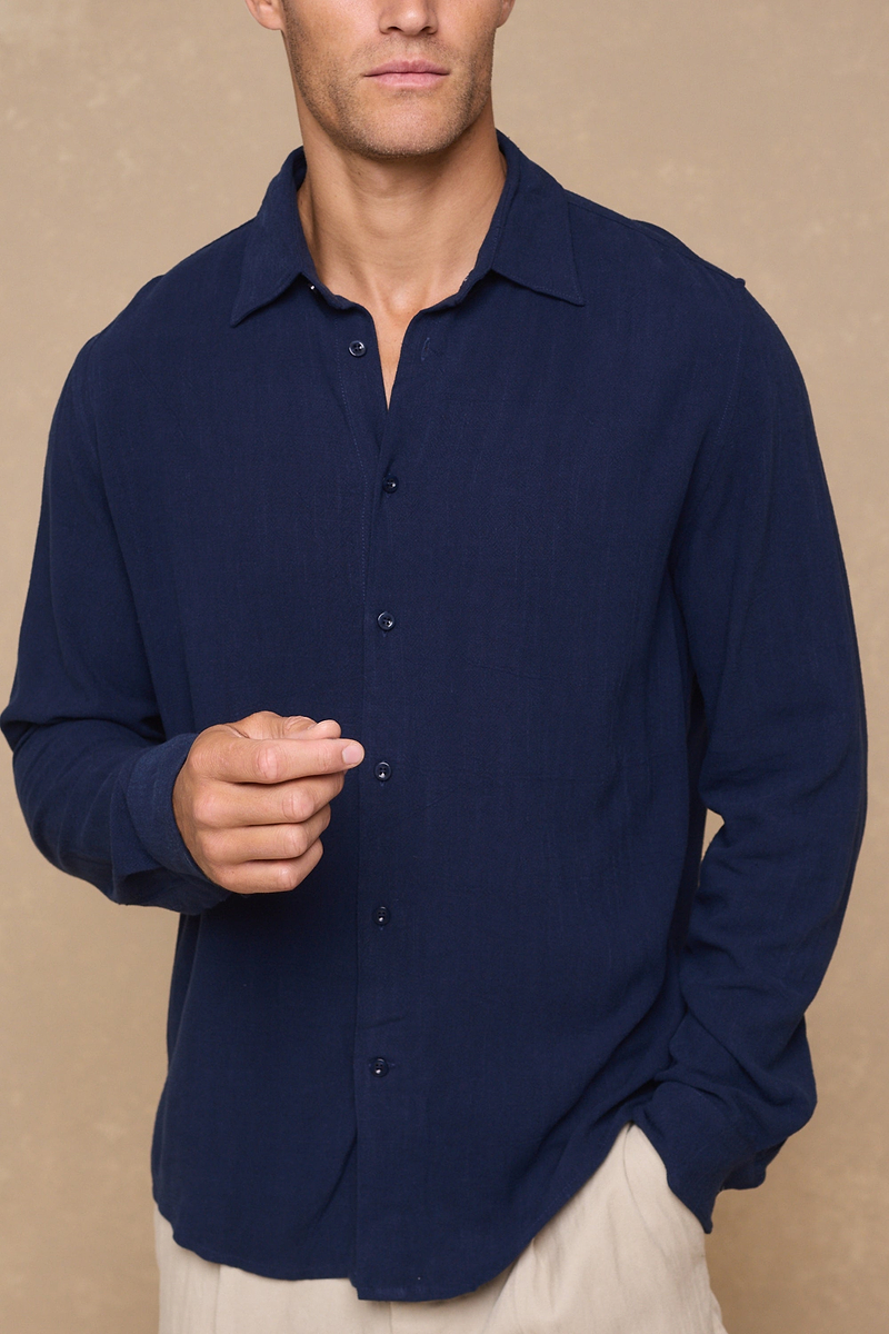 Cami Linen Classic Collar Shirt - Navy