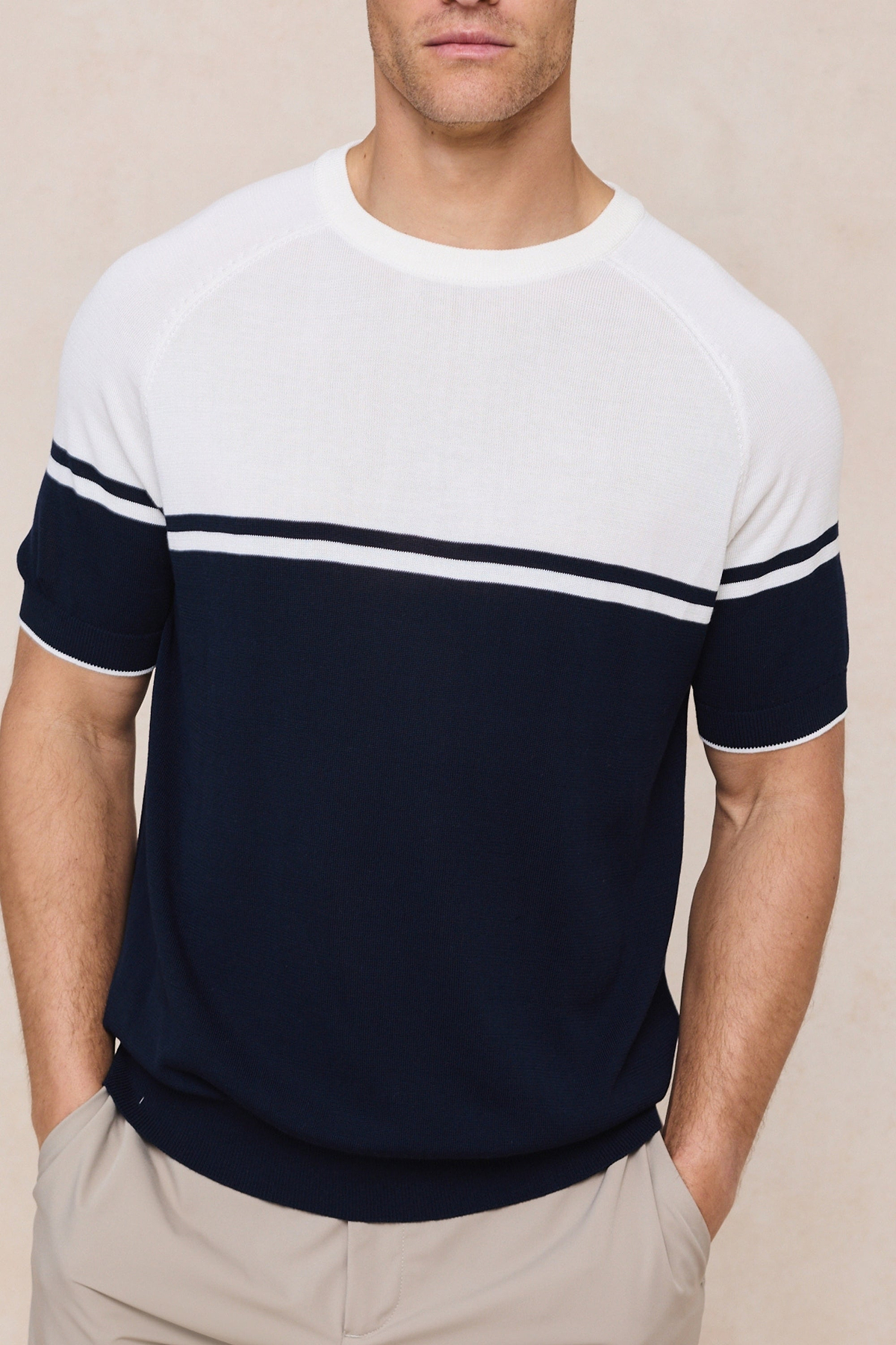 Riera Colour Block Knit Crew Neck T-Shirt - Navy/Ecru