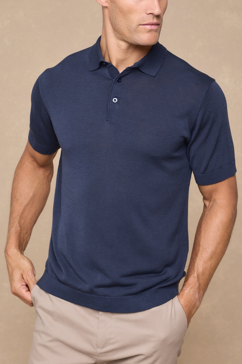 Pablo Half Placket Short Sleeve Knitted Polo - Navy