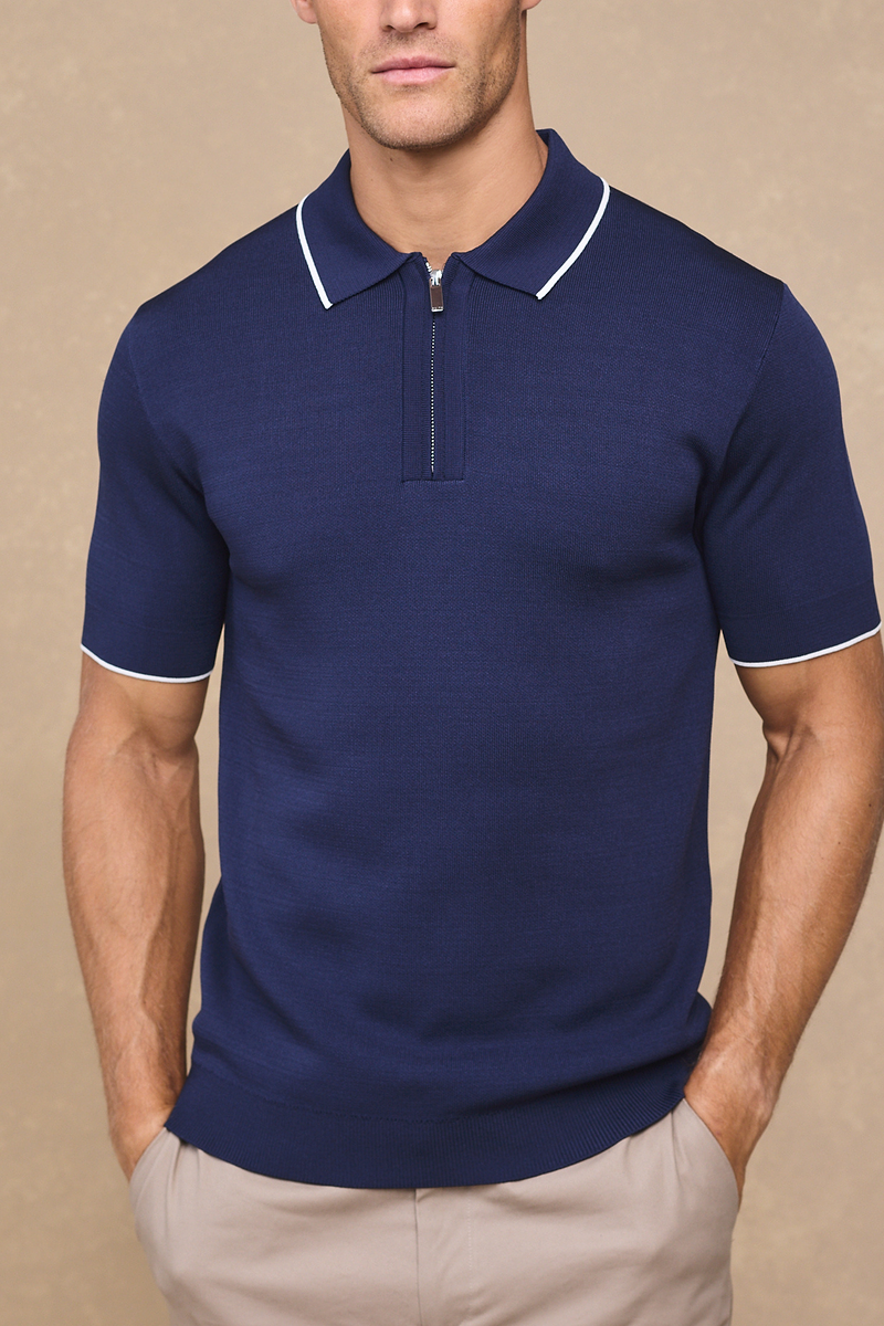 Henry Zip Short Sleeve Polo - Navy