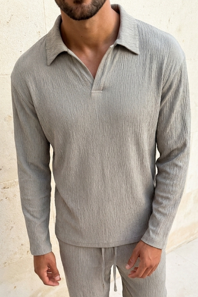 Arty Long Sleeve Open Collar Polo - Mushroom