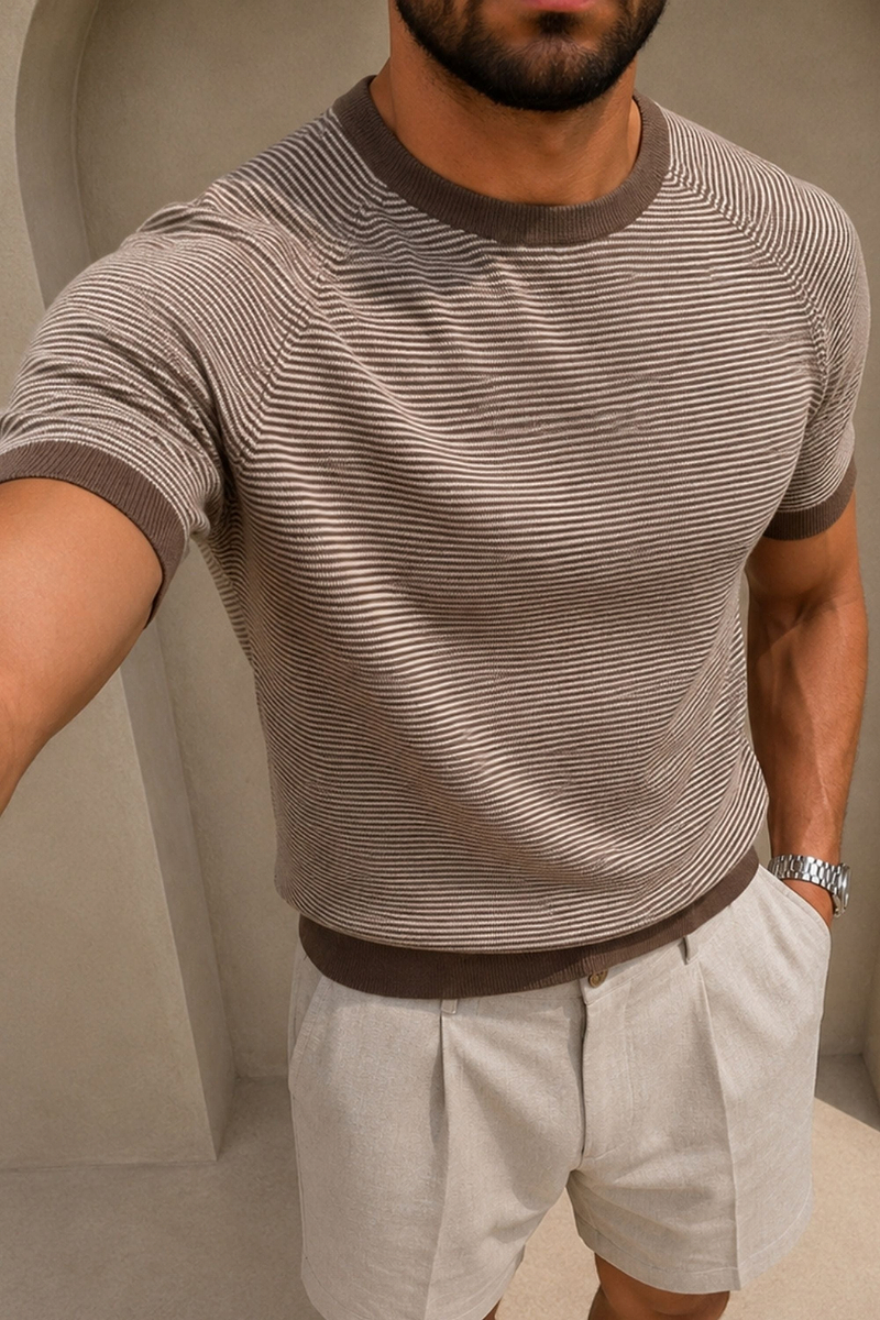 Rafael Linen Striped Crew Neck T-Shirt - Brown/Beige