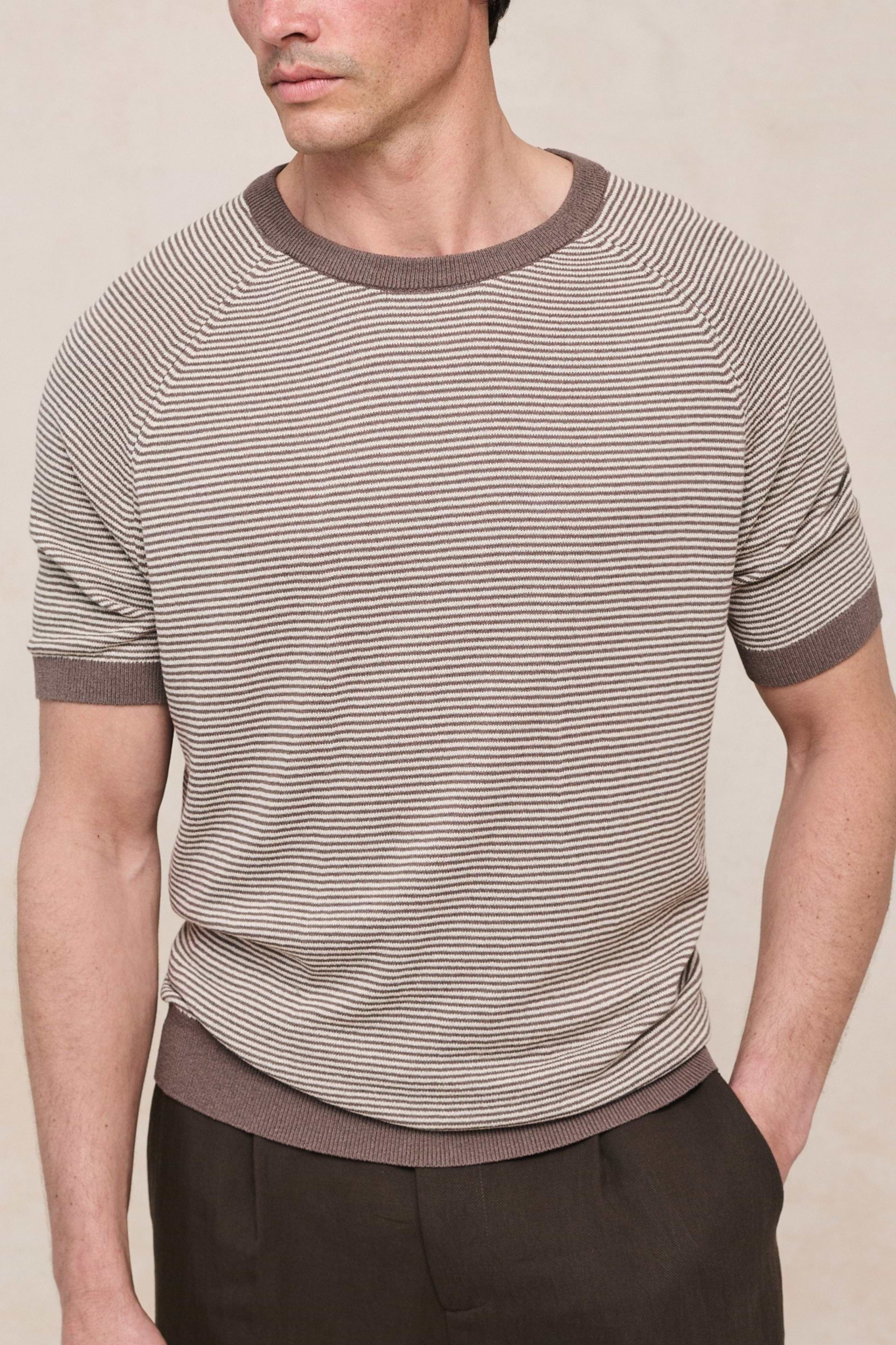 Rafael Linen Striped Crew Neck T-Shirt - Brown/Beige