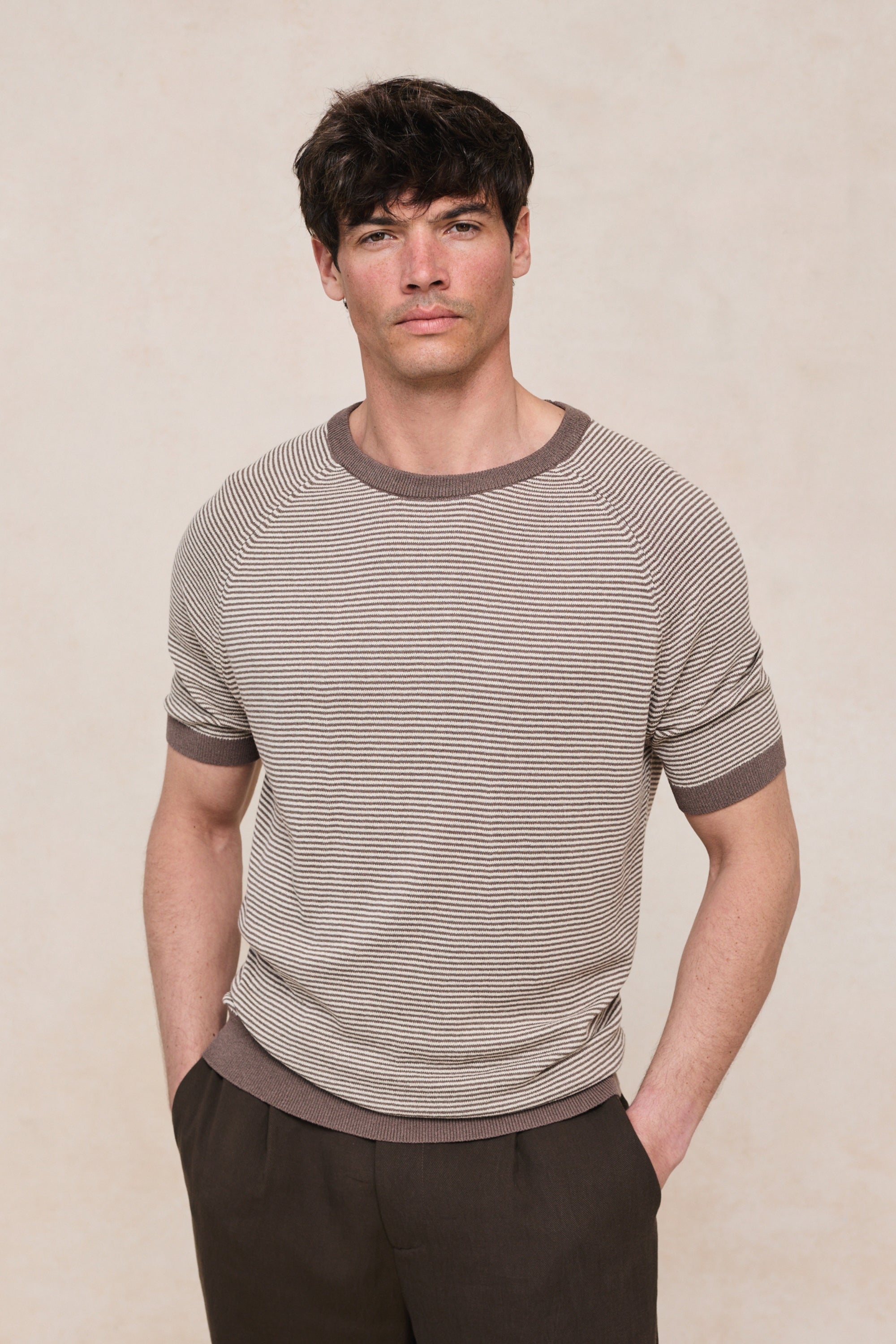 Rafael Linen Striped Crew Neck T-Shirt - Brown/Beige