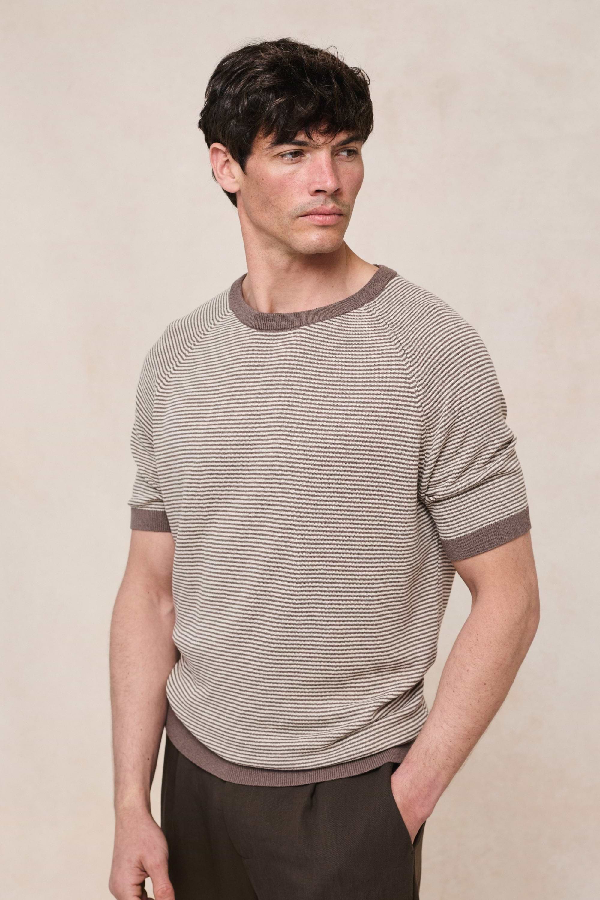 Rafael Linen Striped Crew Neck T-Shirt - Brown/Beige