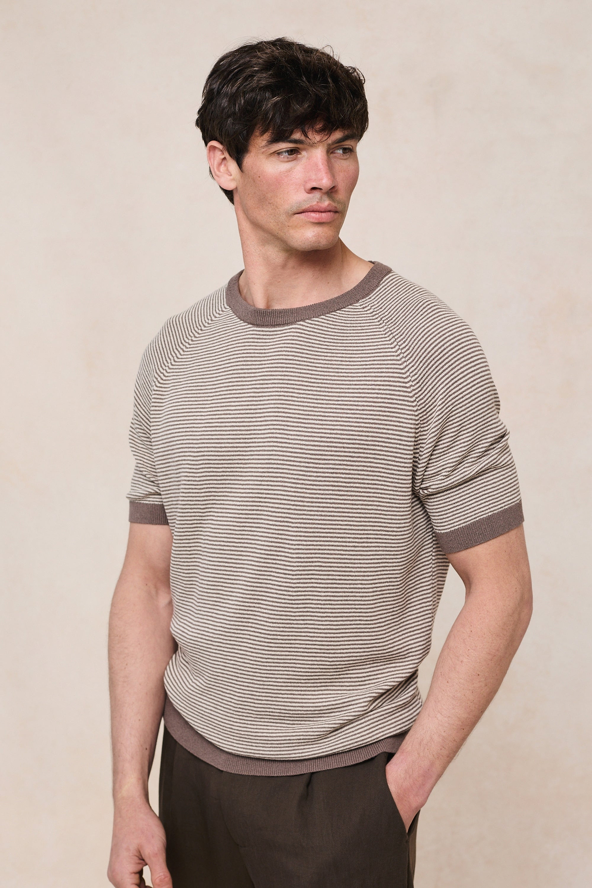 Rafael Linen Striped Crew Neck T-Shirt - Brown/Beige