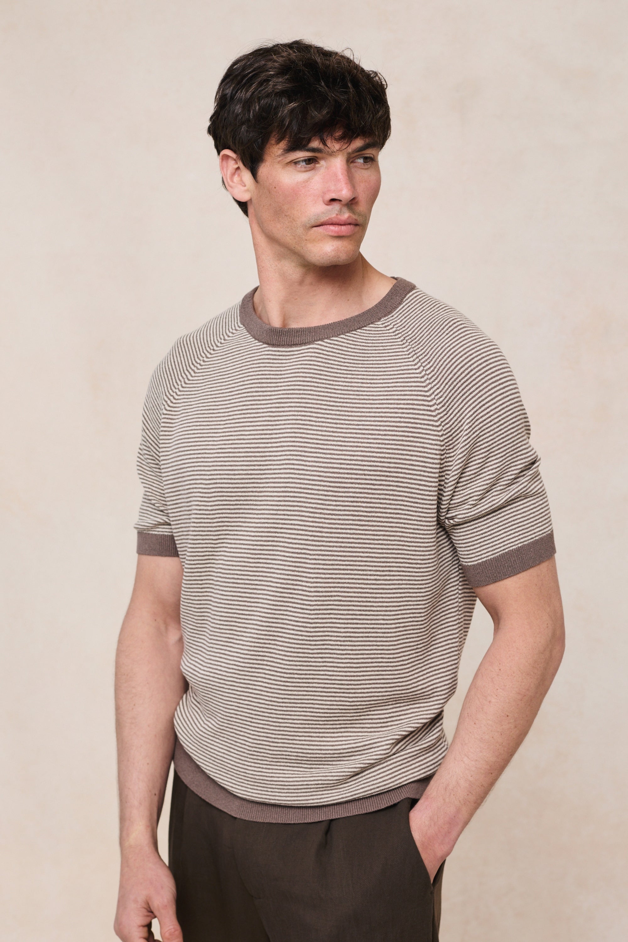 Rafael Linen Striped Crew Neck T-Shirt - Brown/Beige