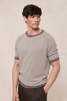 Rafael Linen Striped Crew Neck T-Shirt - Brown/Beige