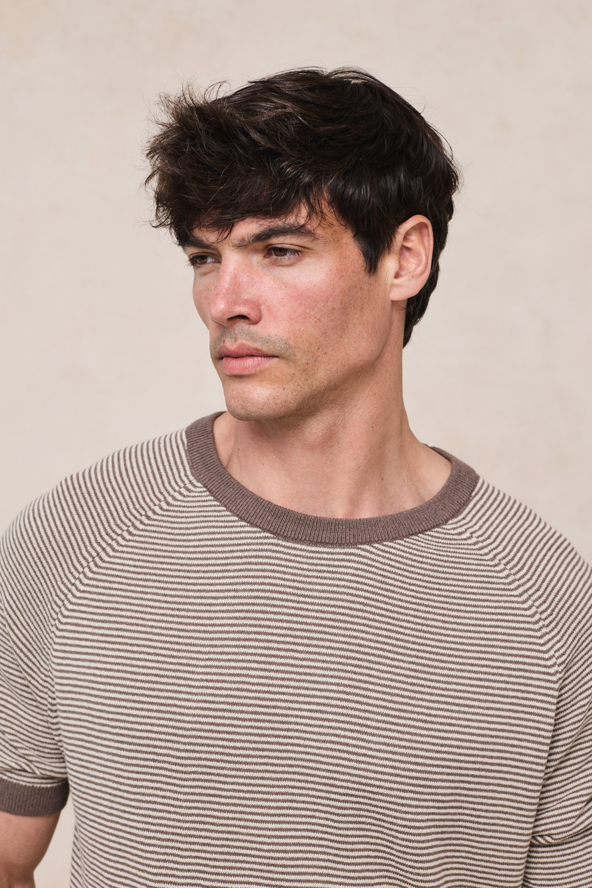 Rafael Linen Striped Crew Neck T-Shirt - Brown/Beige