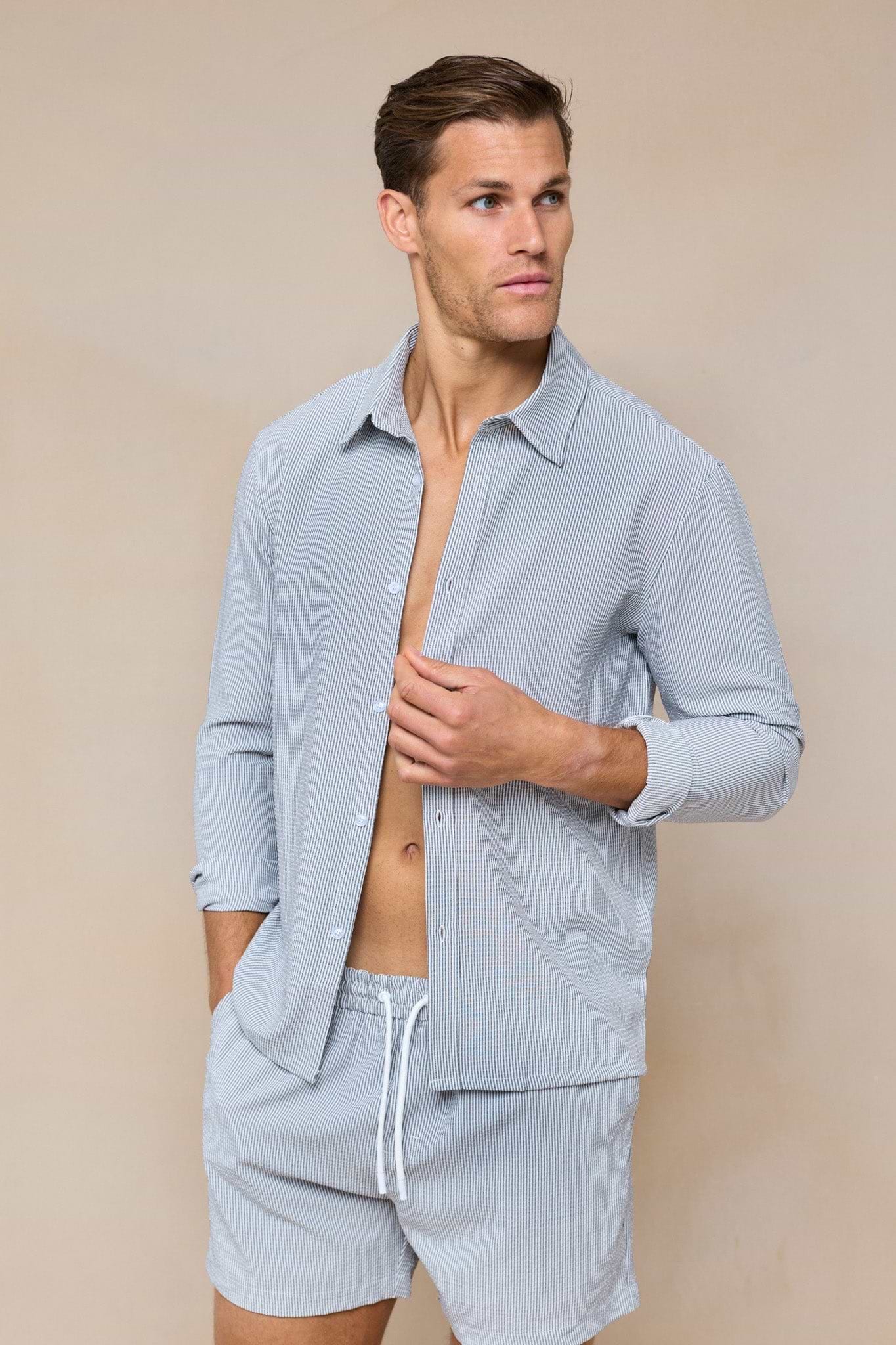 Vittorio Seersucker Long Sleeve Shirt - Black/White