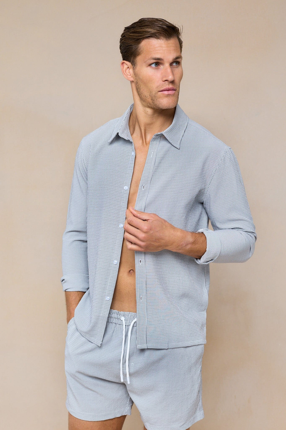 Vittorio Seersucker Long Sleeve Shirt - Black/White