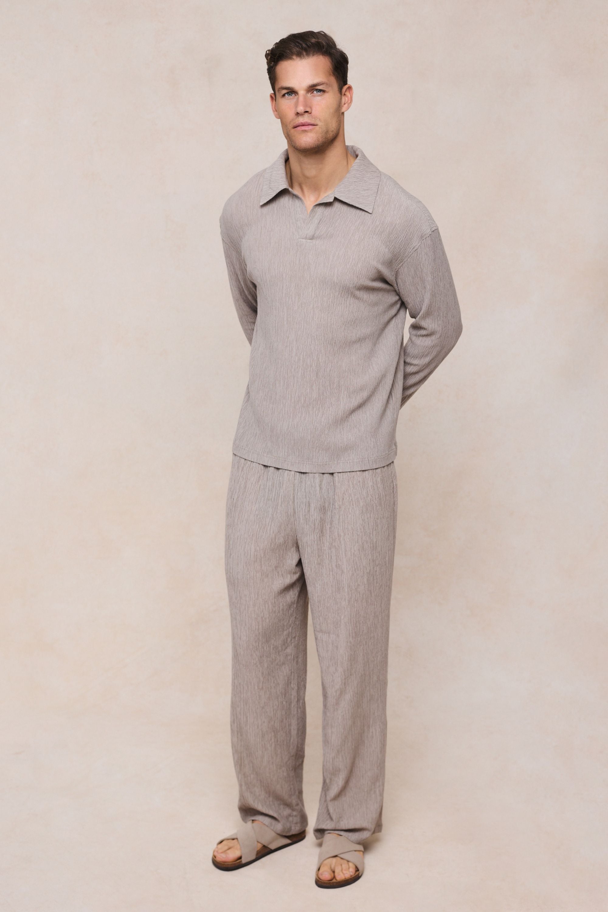 Arty Long Sleeve Open Collar Polo - Mushroom