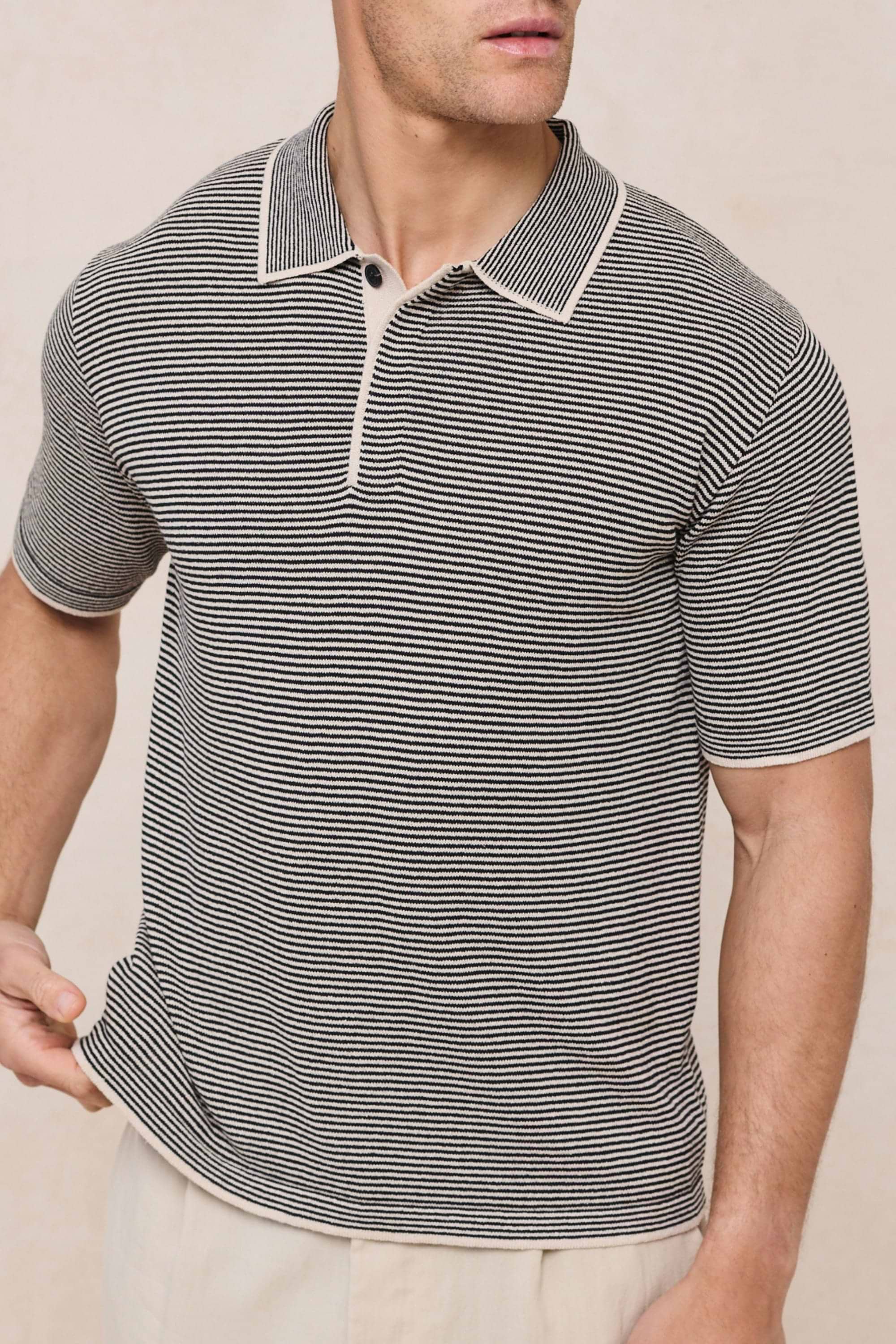 Felipe Contrast Hems Striped Linen Half Placket Polo - Beige/Black