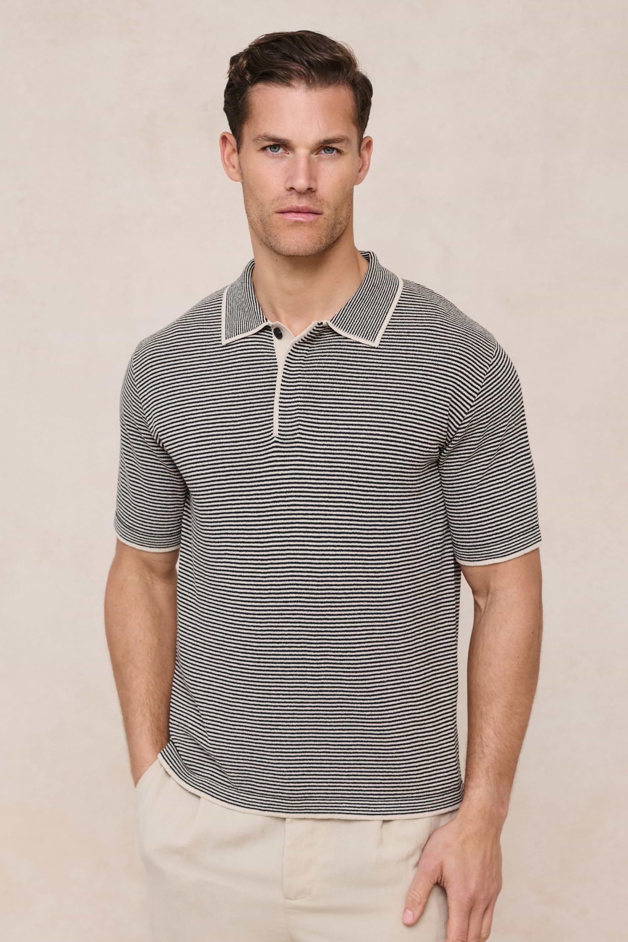 Felipe Contrast Hems Striped Linen Half Placket Polo - Beige/Black