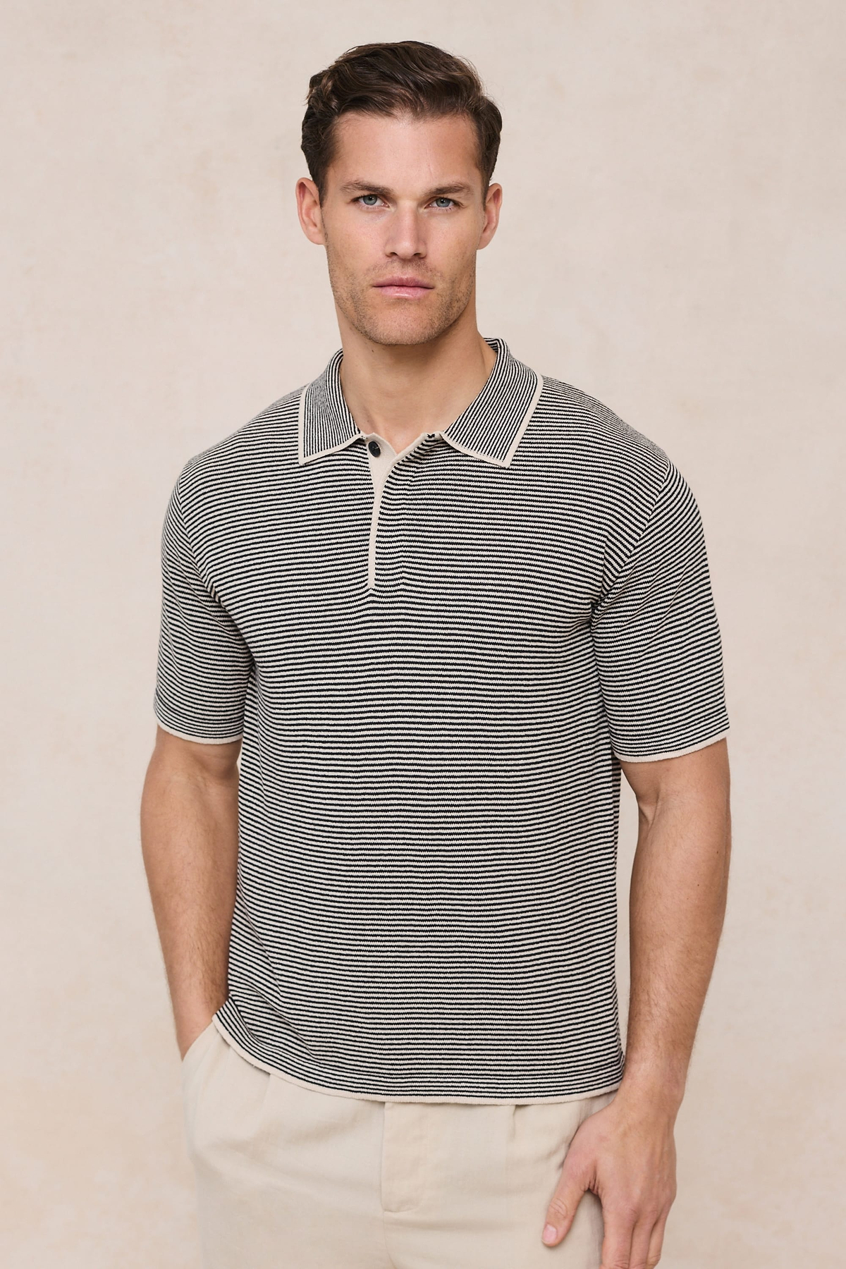 Felipe Contrast Hems Striped Linen Half Placket Polo - Beige/Black