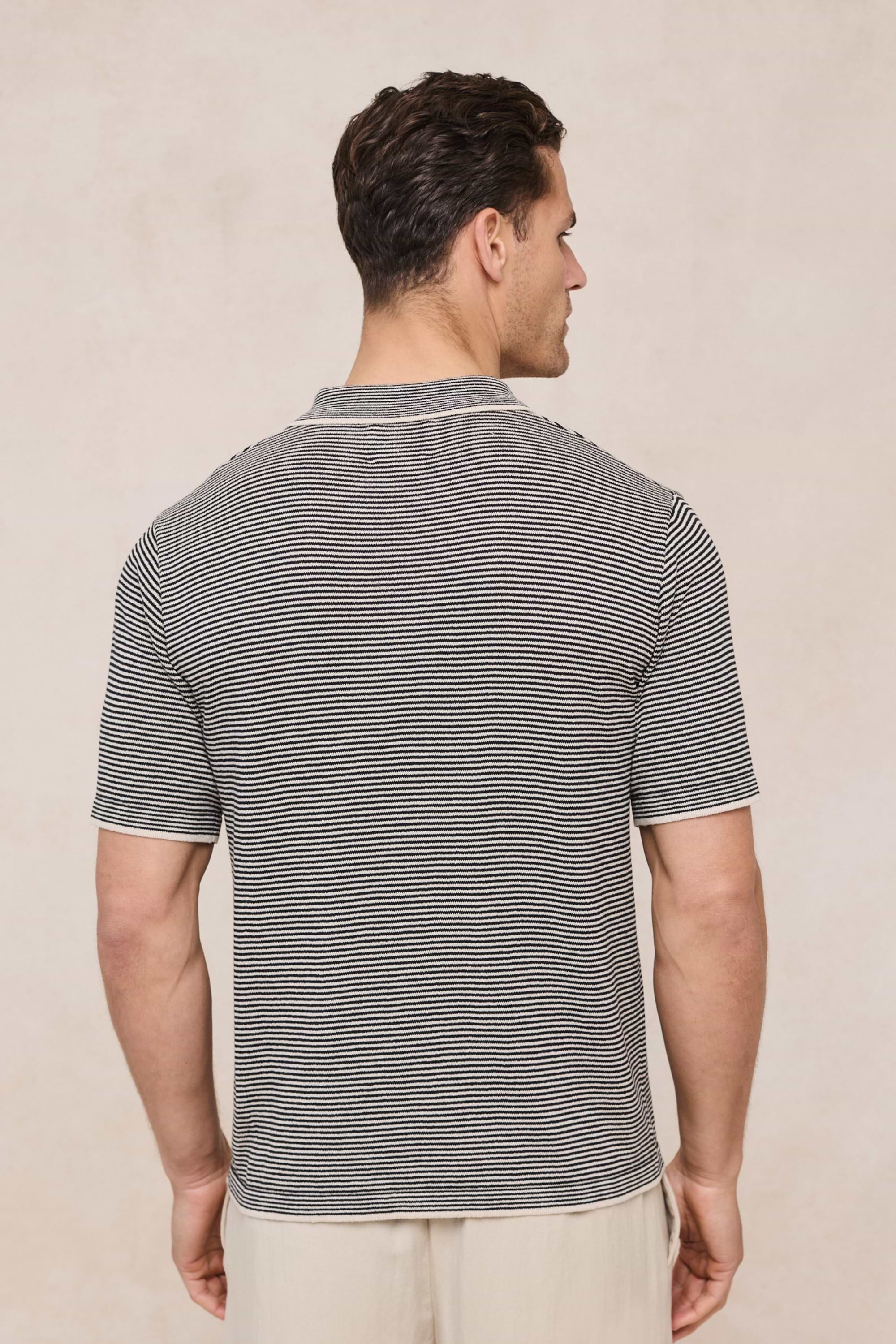 Felipe Contrast Hems Striped Linen Half Placket Polo - Beige/Black