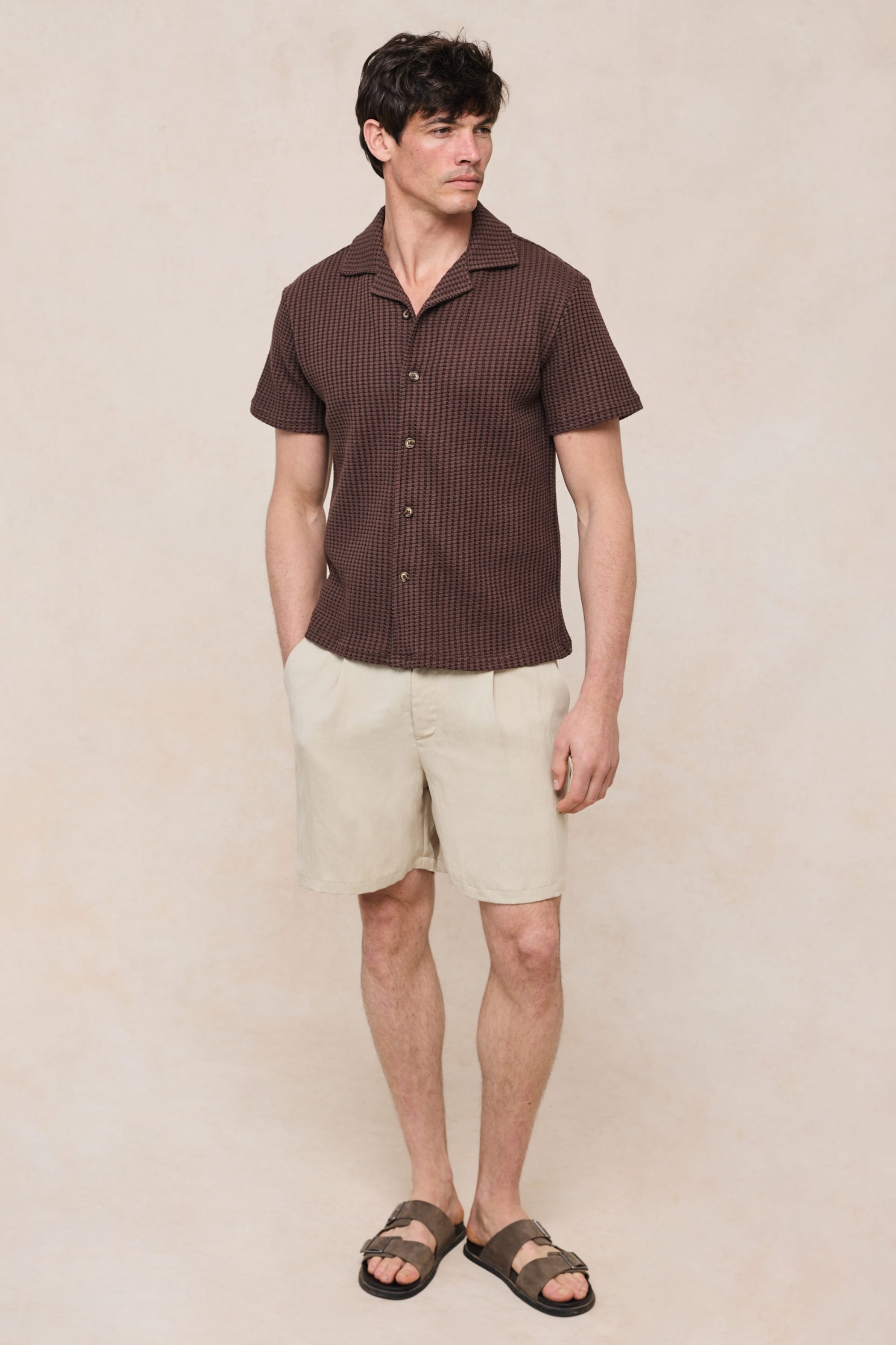 Marcos Patterned Waffle Short Sleeve Shirt - Brown